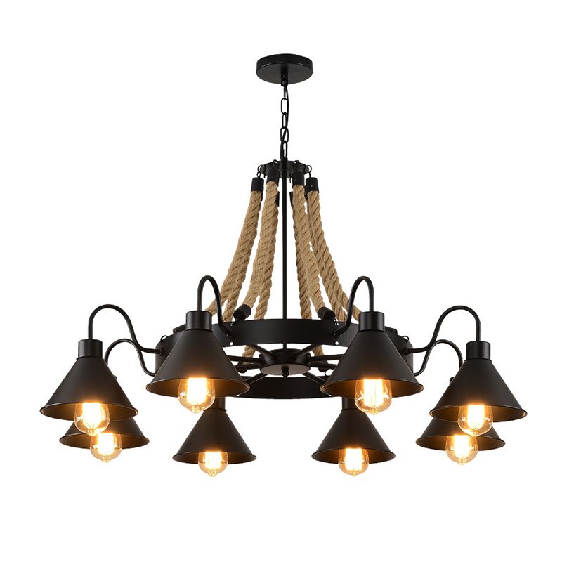 Black Wrought Iron Ceiling Hung Fixtures Vintage Rope Pendant Lighting for Bar