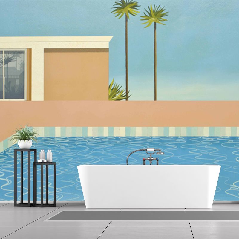 Pop Art Swimming Pool Murals for Living Room Custom Size Wall Decor in Blue-Brown