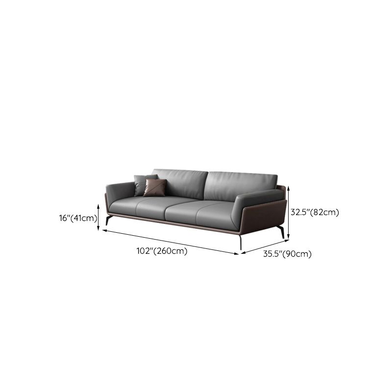 Modern Style Gray Leather Sofa Flared Arm Loose Back Sofa with Pillows