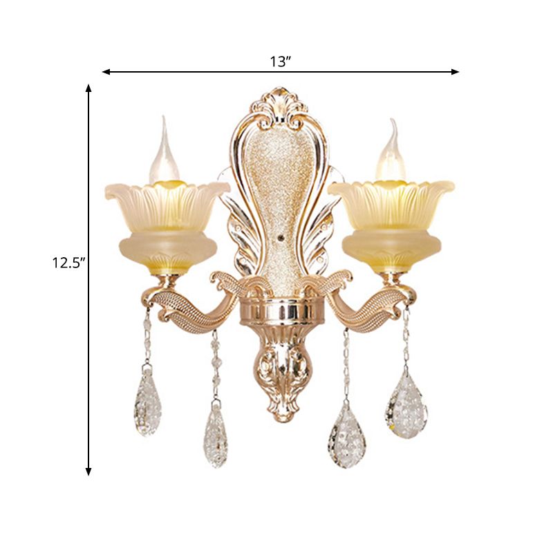 Mid Century Floral Wall Mount Lamp 2-Bulb Crystal Wall Sconce Lighting in Gold for Living Room