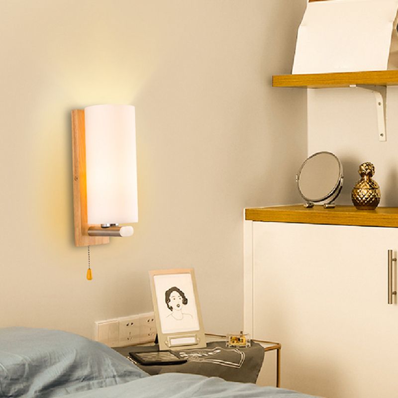 Nordic Style Wooden Wall Lamp White Cylindrical Shade Simplicity Lighting Fixture with Hand Pull Switch