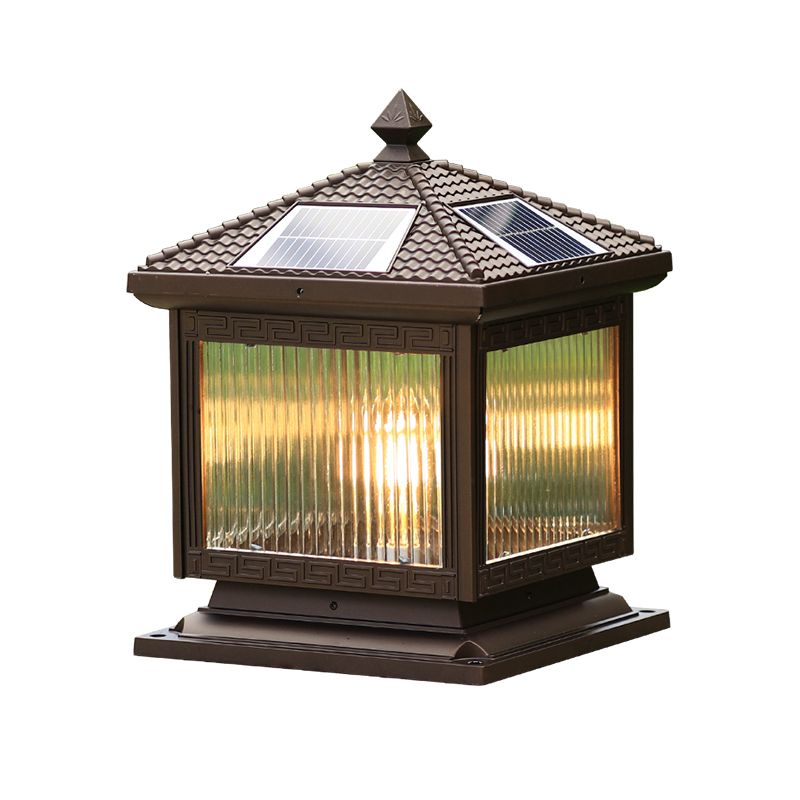Rectangular Shape Metal Solar Pillar Lamp Modern Style 1 Light Outdoor Lights in Brown