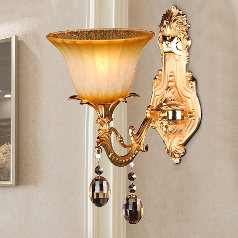 1 Head Amber Glass Sconce Light Traditional Brass Flower Bedroom Wall Mounted Light