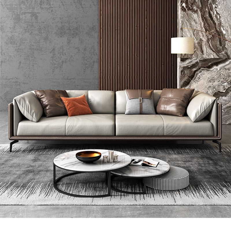 Pillow Top Arm Sofa Modern Leather Sofa with Pillows in Gray and Brown