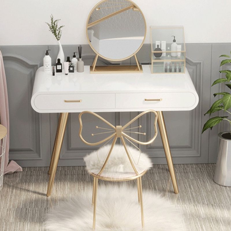 White Wood Makeup Vanity with 2 Drawers Mirrored Dressing Table Stool Set