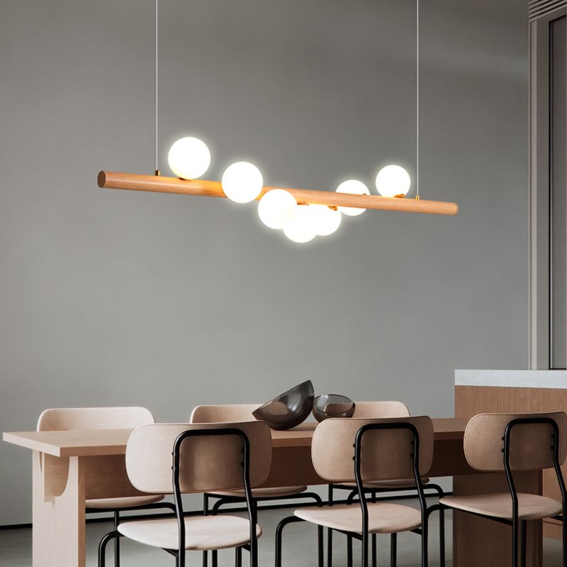 Faux Wood Design Modern Island Light White Glass Ball Shade Modern Hanging Lamp for Restaurants