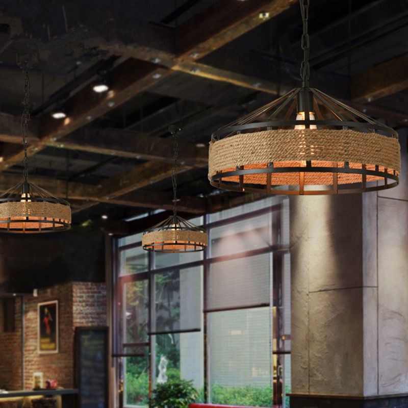 Scheune Metall Hanging Deckenleuchte Antiquled 1 Lampenrestaurant Jute Seilpendant in Schwarz