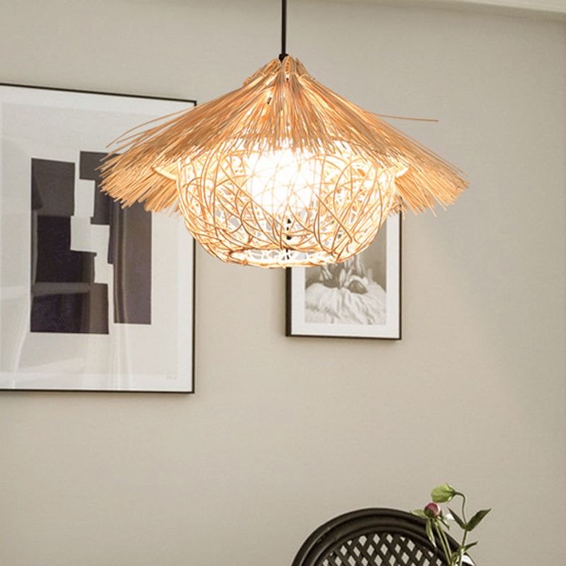 1 Light Farmhouse Shape Hanging Ceiling Light Japanese Fringed Rattan Hanging Light for Restaurant