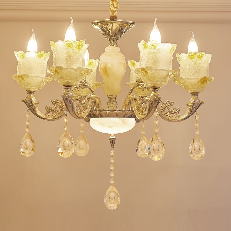 6 têtes Swirling Bras Chandelier Light Traditional Brass Crystal Bell Shade Pendant avec gouttes en verre transparent
