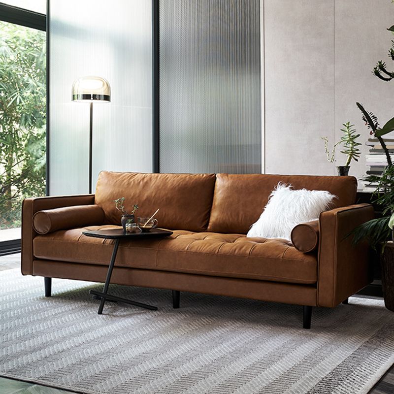 Brown Leather Settee Couch Square Arm Standard Bench Seating