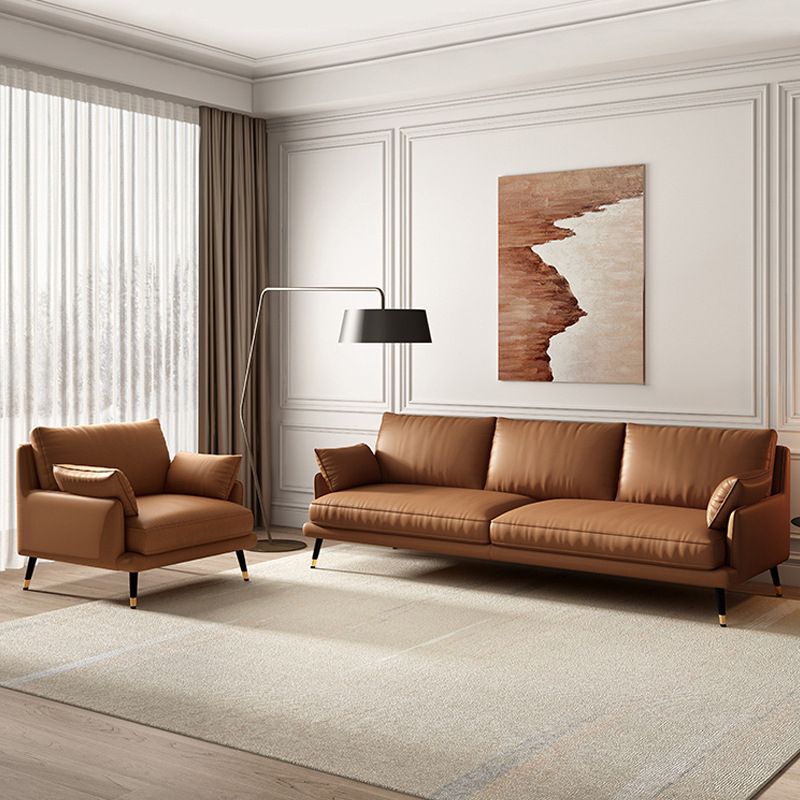 Mid-Century Modern Brown Leather Sectional Recessed Arm Sofa with Pillows