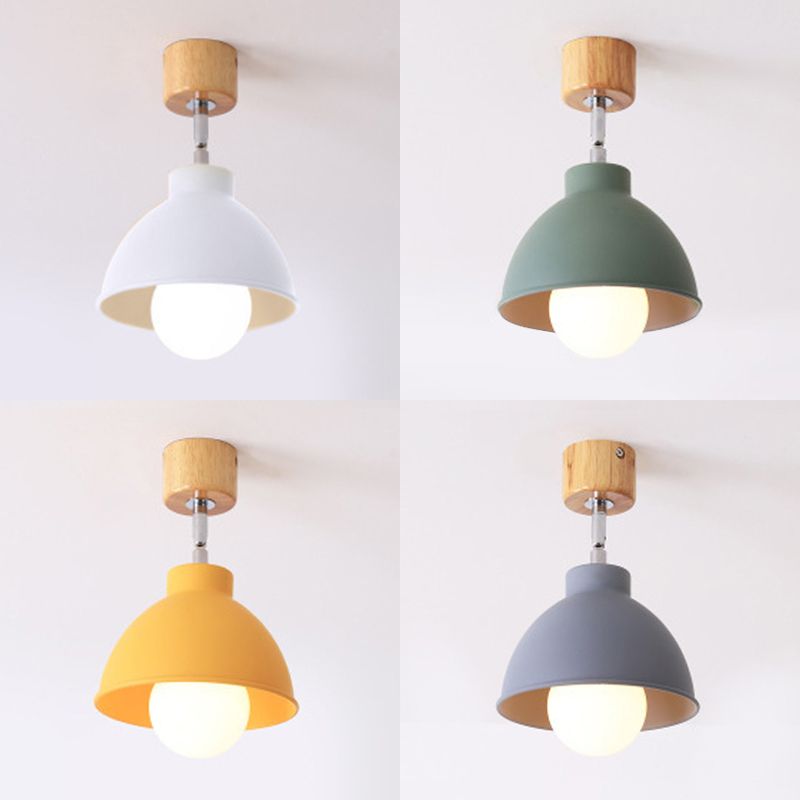 Macaron Style Dome Ceiling Light 1 Head Metal Rotatable Semi Flush Light in Grey/White for Bedroom