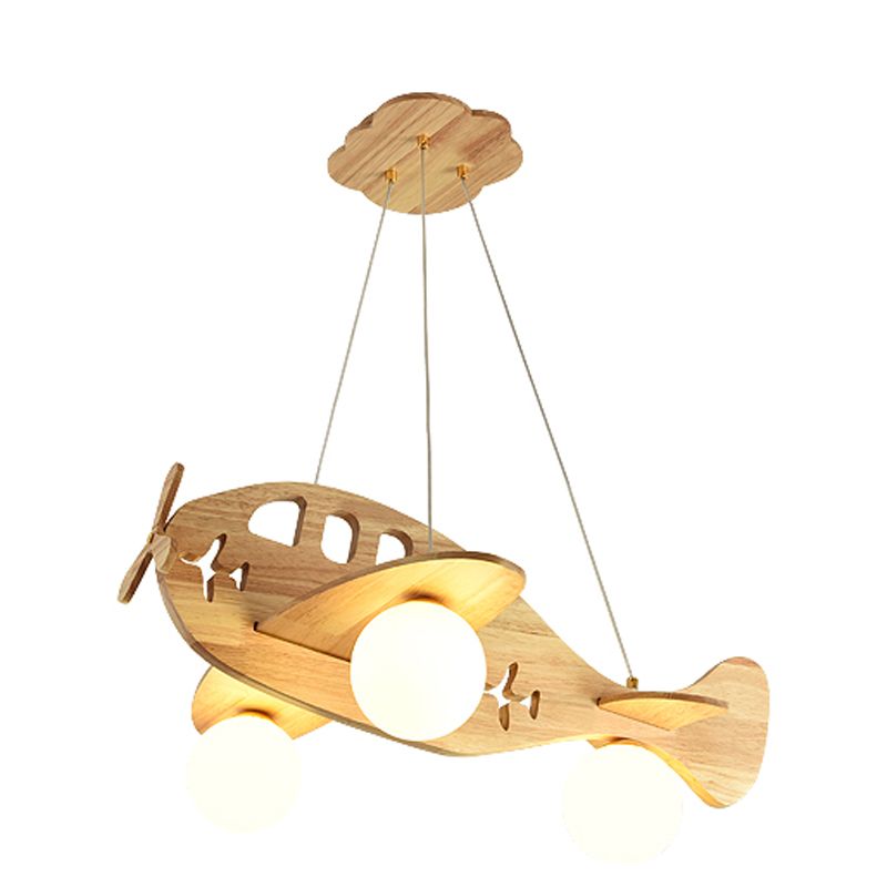 Modern Artistic Airplane Chandelier Wooden Indoor Hanging Lamp with White Glass Shade