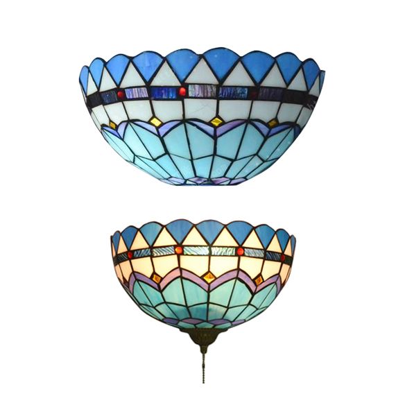 Baroque Bowl Wall Mount Light with/without Pull Chain Stained Glass 1 Light Wall Sconce Lighting in Blue