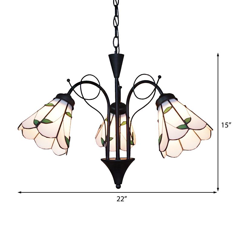 Beige Glass Cone Hanging Light with Leaf Traditional 3 Light Ceiling Chandelier for Living Room