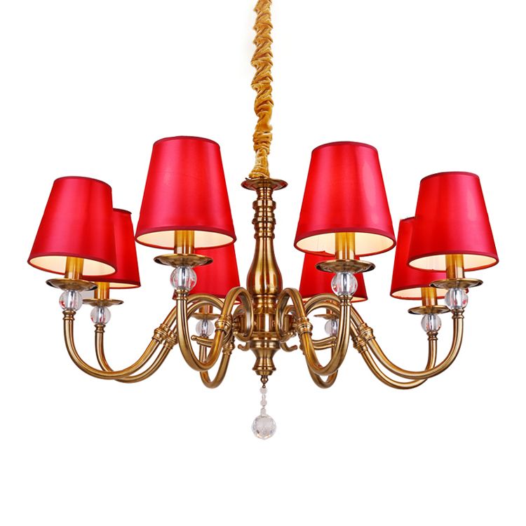 Fabric Red and Brass Chandelier Conical Country Style Pendant Light for Living Room
