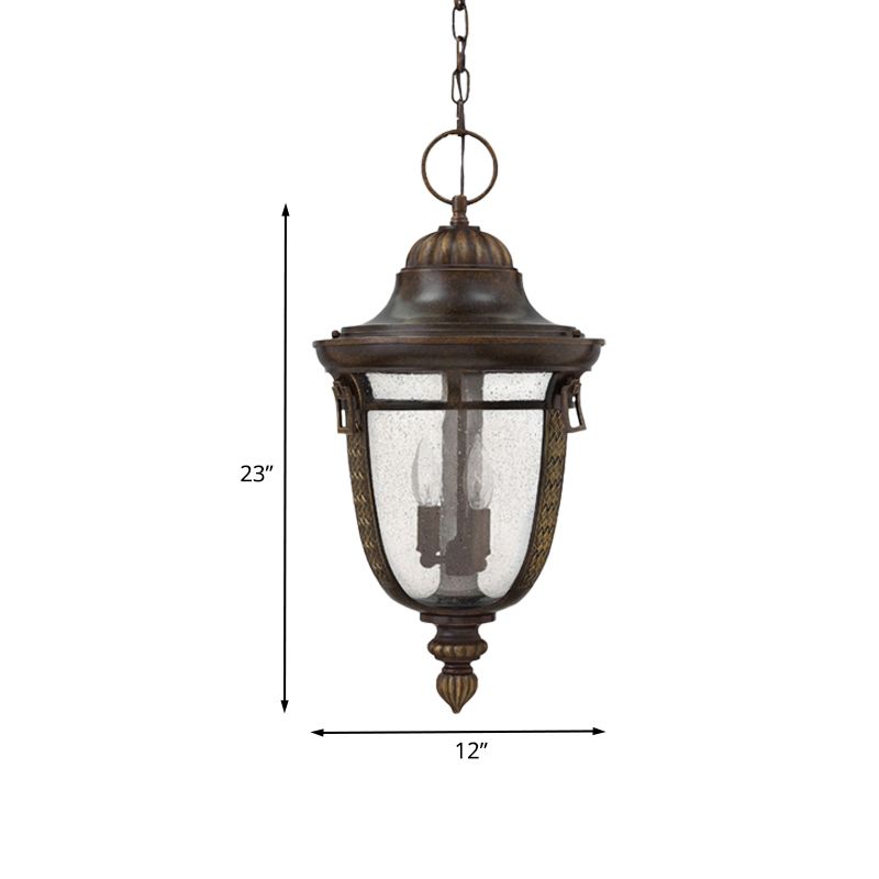 2-Head Clear Seedy Glass Chandelier Rustic Bronze Urn Shape Courtyard Pendant Light