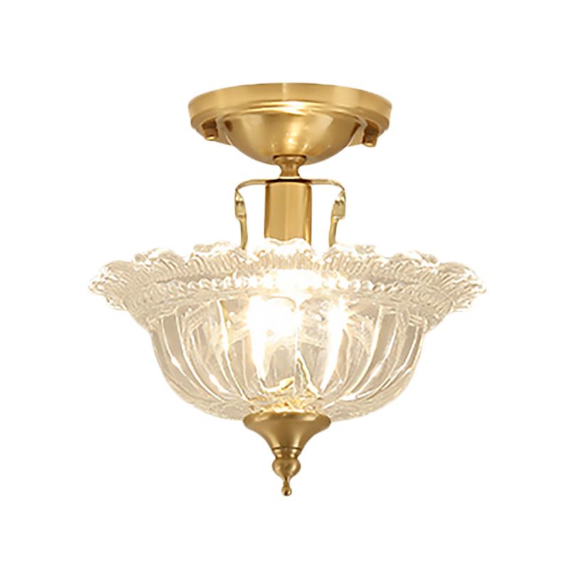 Flared Semi Flush Contemporary Ruffle Glass Shaded 1 Light Brass Ceiling Flush Mount