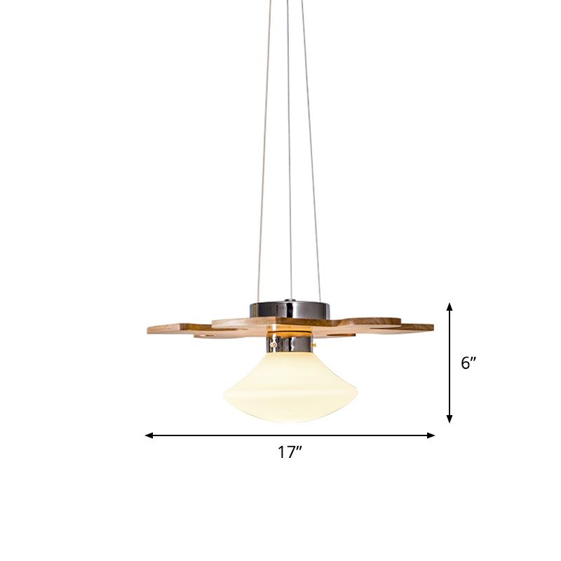 Wood Jigsaw Puzzle Suspension Light Modern 1 Light Hanging Lamp Kit with Mushroom Cream Glass Shade
