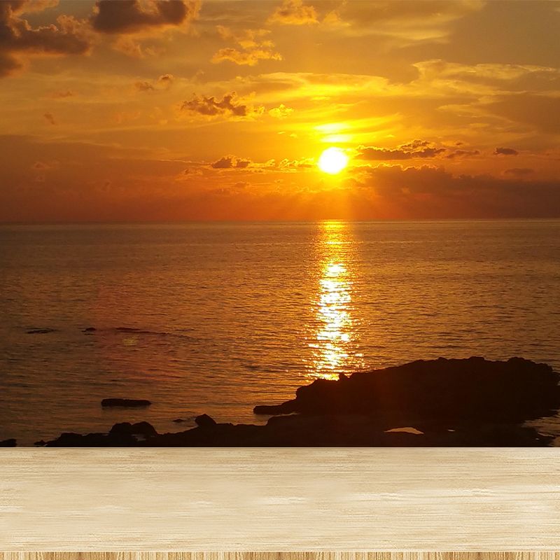 Caribbean Sea Mural Nature Sunset Scenery Wall Covering in Soft Color for Bathroom
