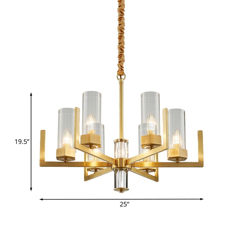 6-licht helder glas kroonluchter lamp kolonialisme gouden kolom woonkamer plafond hanger licht licht