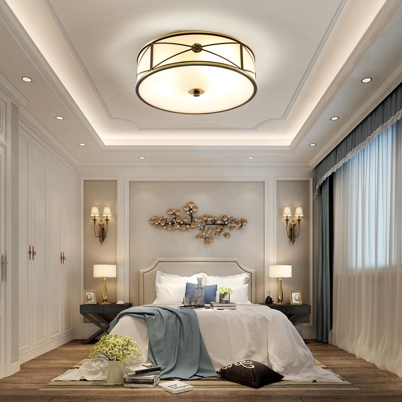 Traditional Drum Flush Mount Ceiling Light Frosted White Glass Flush Lamp for Bedroom