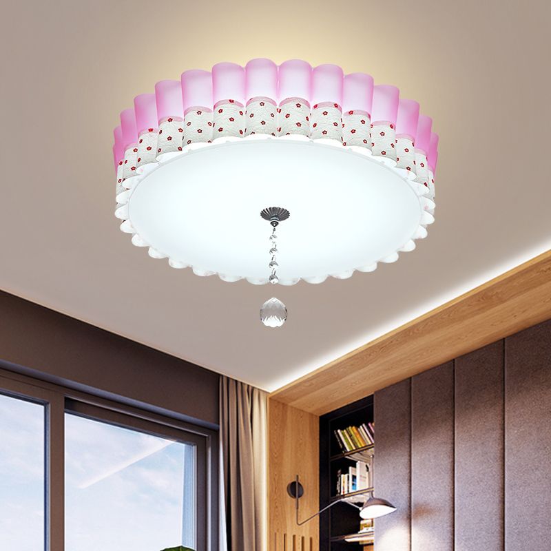 Pink Drum Flush Mount Lighting Pastoral Acrylic LED Bedroom Ceiling Light with Wavy Trim and Crystal Ball