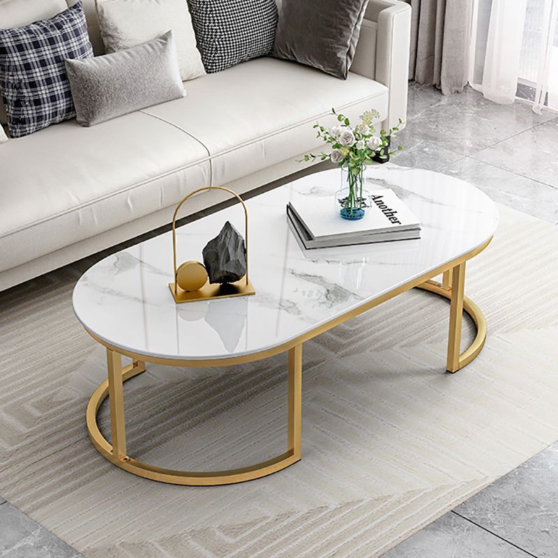 Contemporary Oval Glass Top Cocktail Table with Golden Base and Shelf