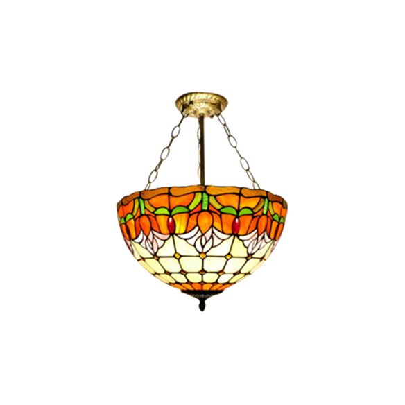 Orange Bowl Pendant Light 12"/16" Width Tiffany Rustic Stained Glass Chandelier for Foyer