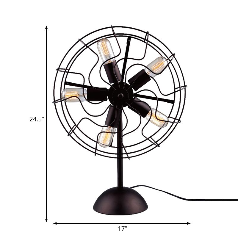 5 Bulbs Fan Design Table Lamp with Cage Shade Farmhouse Style Black Finish Metallic Table Light for Bedroom