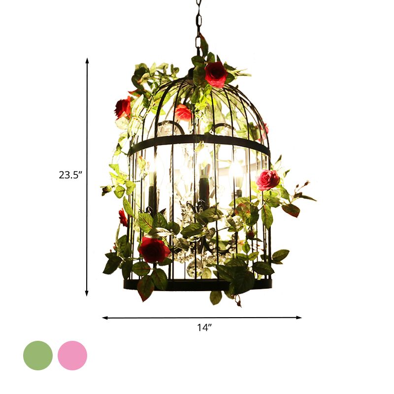 Black 4 Lights Chandelier Light Farmhouse Metallic Birdcage Pendant Lamp with Pink Flower/Green Plant Deco