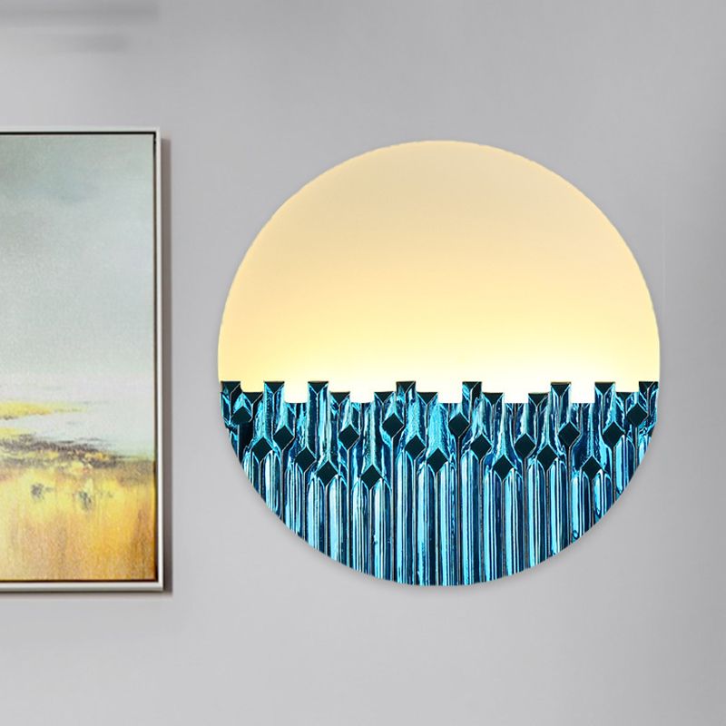 LED Corridor Wall Lamp Chinese Style Blue/Silver Metallic Surface Patterned Mural Light with Round Acrylic Shade