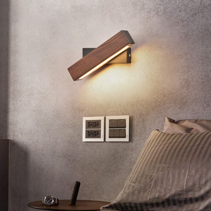 Log Color LED Wall Sconce in Modern Concise Style Wrought Iron Rectangular Rotatable Wall Lamp with Wooden Shade