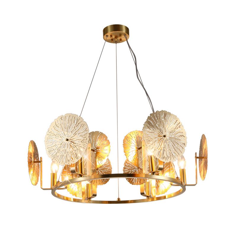 Post Modern Lotus Leaf Chandelier Metal 6 Lights Living Room Hanging Light in Brass with Ring Design