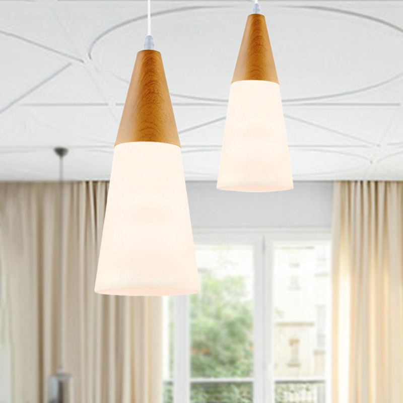 Cone Milk Glass Suspension Pendant Modern 1 Light 5"/7.5"/10.5" Wide Natural Wood Hanging Light Fixture