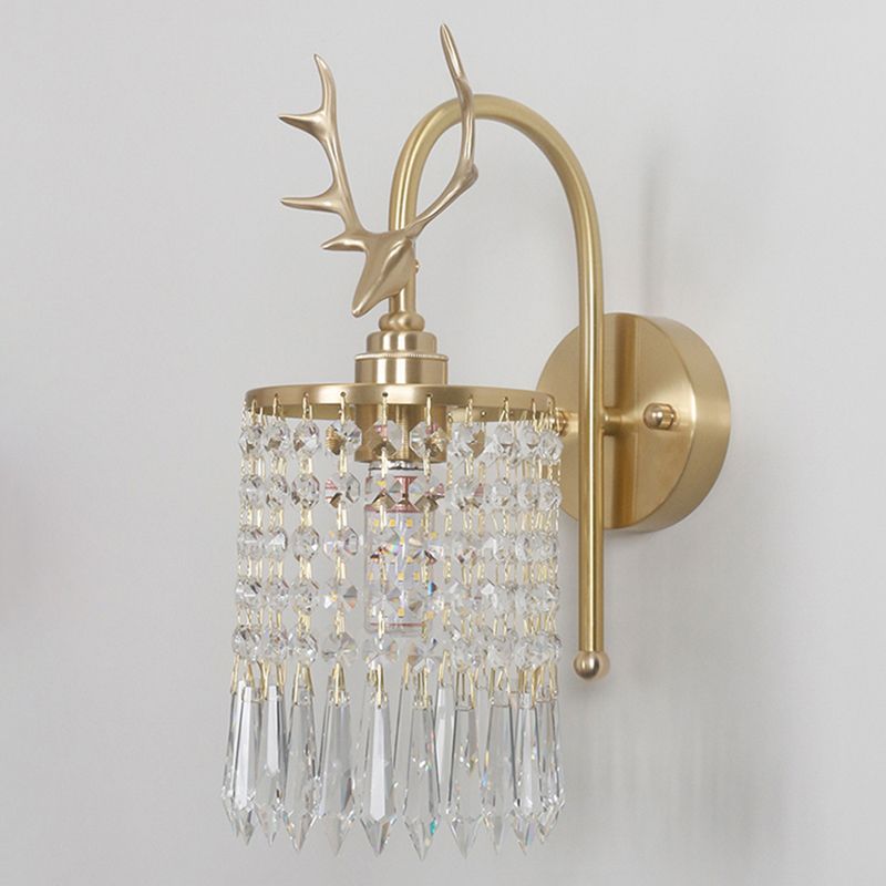 Copper Gold Wall Sconce in Modern Artistic Style Crystal 1-Light Wall Light with Antler Decoration
