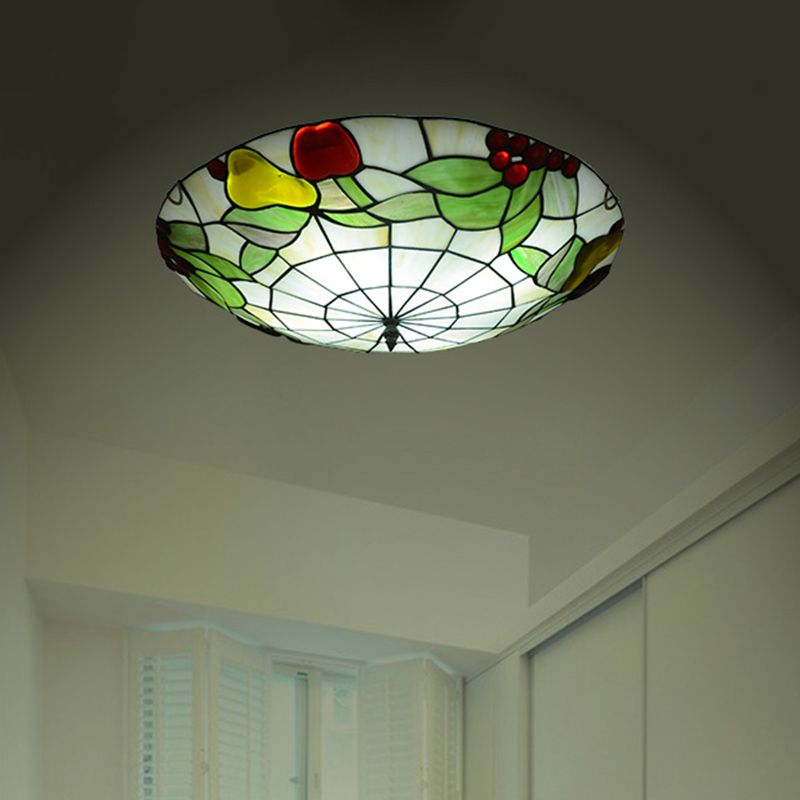 Green Flush Mount Ceiling Fixture Tiffany Cut Glass Bowl Flush Lamp with Fruit Pattern