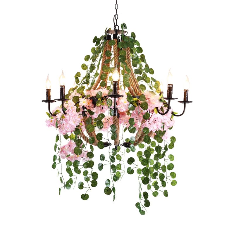 Candlestick Restaurant Chandelier Light Vintage Metal 8 Heads Pink Flower Pendant Lighting Fixture