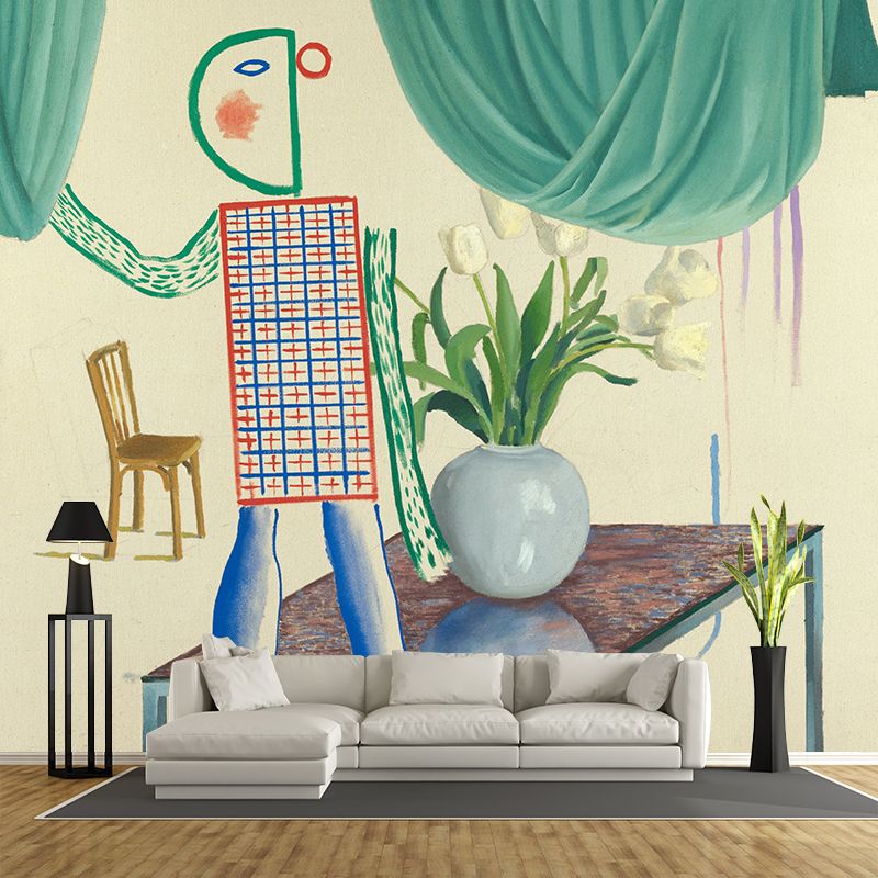 Yellow-Green Art Deco Mural Wallpaper Full Size Bot Man Wall Covering for Bedroom