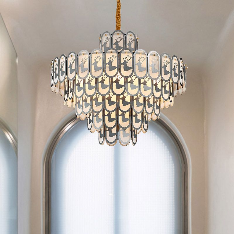 Lustre à plusieurs niveaux à plusieurs niveaux Light Light moderne 12/16 lumières à la baisse de l'éclairage en nickel avec motif de wapiti