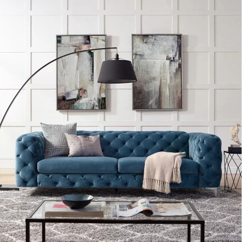 Contemporary Tufted Back Sofa 2/3-Seat Tuxedo Arm with Metal Legs