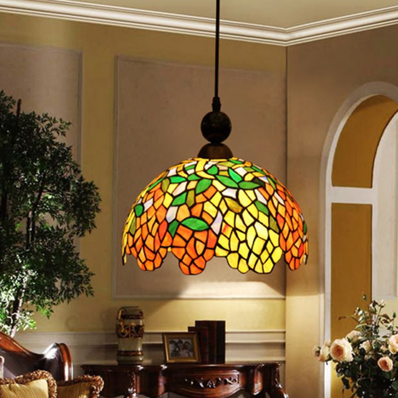 Dome Pendant Ceiling Light Mediterranean Stained Glass 1 Light Red Hanging Lamp for Kitchen