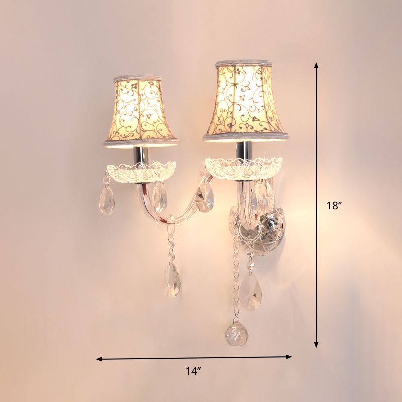 2 Heads Wall Sconce with Bell Shade Flower-Patterned Fabric Traditional Bedroom Wall Lamp with Crystal Droplets