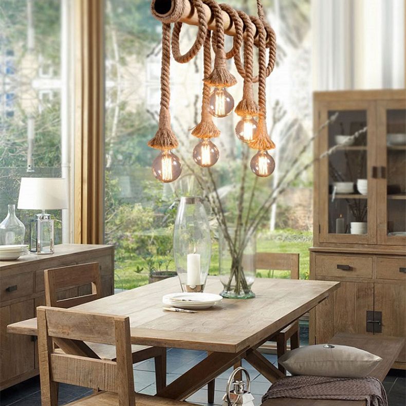 Vintage Hemp Rope Chandelier Industrial Retro Linear Exposed Bulb Bamboo Pendant for Restaurant