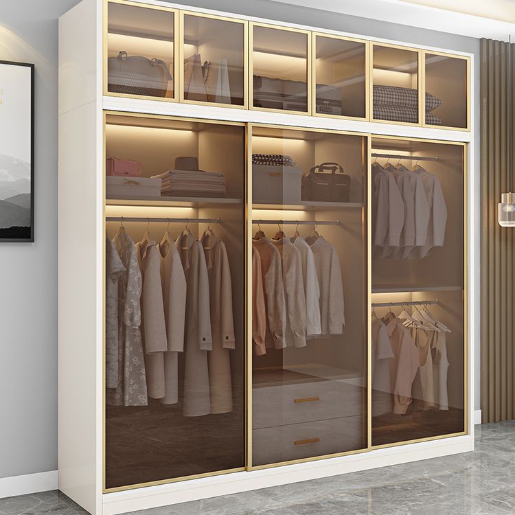 Modern White Wood Frame Wardrobe Freestanding Wardrobe with Sliding Glass Doors