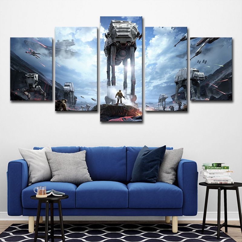 Fictional Space War Scene Art Print Blue Multi-Piece Wall Decor for Sitting Room