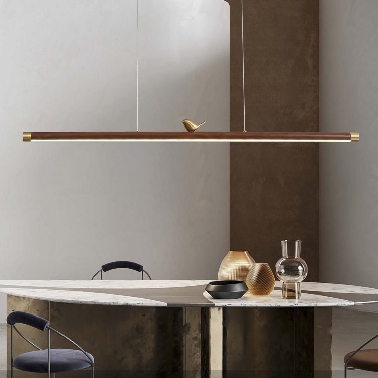 Modern Wood Chandelier Lamp 1-Light Linear LED Island Pendant for Study Room