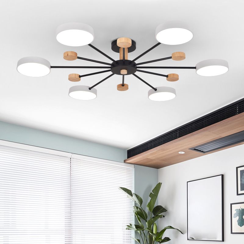 Luz de techo redondo nórdico Luz de montura de montura de luz múltiple con madera para dormitorio