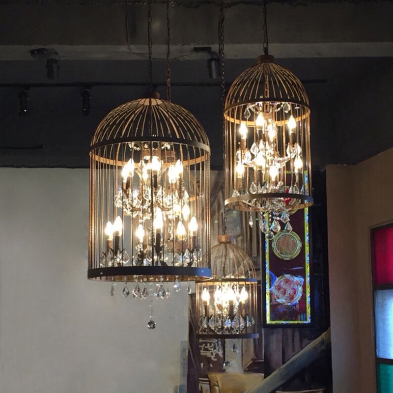 Farm Style Birdcage Chandelier Lamp Metal Pendant Light with Clear Crystal Drapes