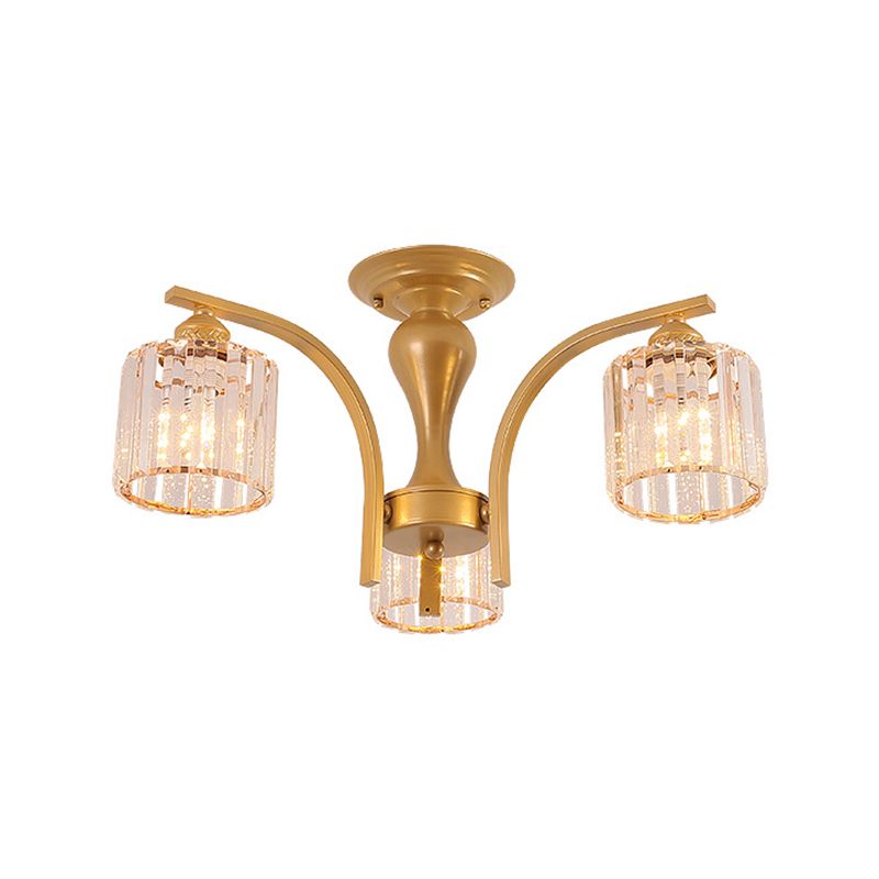 3/6 Heads Cylinder/Flower Ceiling Light Rural Black/Gold White Glass/Clear Crystal Semi Flush Chandelier for Dining Room